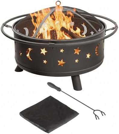 Fire Pit - 32-Inch Outdoor Wood Burning Firepit with Screen, Poker, and Cover - Outdoor Fire Pits for Backyard, Deck, or Patio by Pure Garden (Black)