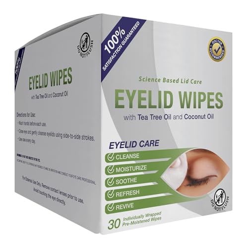 Lunovus Premium Eyelid Wipes With Tea Tree and Coconut Oil - Cleansing Wipes for People Itchy Eyes - Individually Wrapped - Box Of 30 Natural Eye