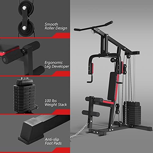 GYMAX Home Gym, Multifunctional Workout Equipment with Leg Extension, Pulley System & 100lbs Weight Stack, Full Body Strength Training Machine