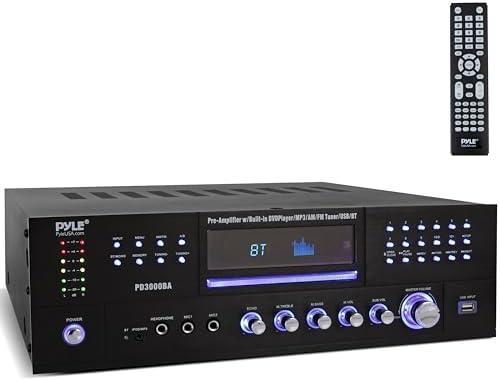 Pyle 4 Channel Bluetooth Home Amplifier - Front Loading DVD/CD Player - 3000W Peak Stereo Receiver - 2 Mic Inputs w/ Echo, FM Radio,Optical In,USB,RCA,Composite, LED Level Meter, Rack Mount - PD3000BA