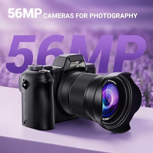 4K Digital Camera for Photography, 56MP Autofocus Vlogging Camera for YouTube Travel, 3" 180°Flip Screen & Lens Hood 16X Zoom