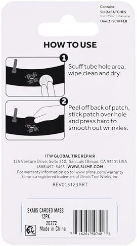 Slime 20272 Bike Skabs Pre-Glued Patch Kit, for Bike Tube Puncture Repair, Peel and Stick, Contains 6 Patches and a Metal scuffer