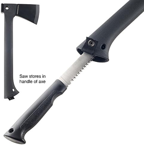 Camping Hand Axe and Survival Gear - Lightweight Hatchet with Nested Serrated Wood Saw Knife and Magnesium Fire Starter Tool by Wakeman (Black)