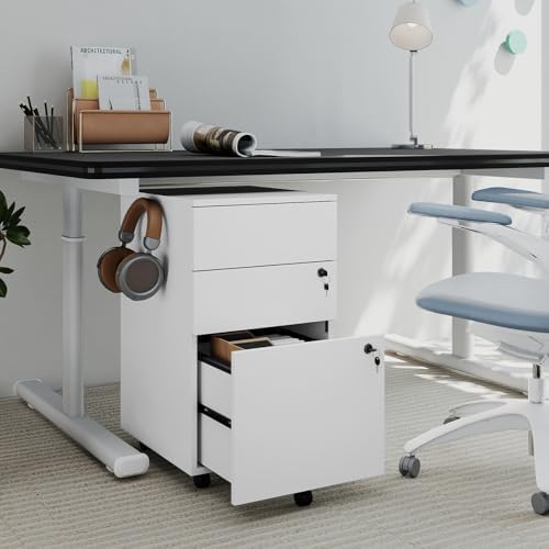 Mobile File Cabinet with 3 Drawers, Wooden Rolling Filing Cabinet with Lock, Under Desk File Organizer for A4/Letter/Legal Size, for Home Office, Study (White)