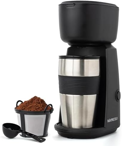Mixpresso Single Serve & Single Cup Coffee Maker with 14oz Travel Mug Black | For ground coffee only, reusable filter, auto shut off. Compact personal drip coffee maker, not compatible with K-Cup pods.