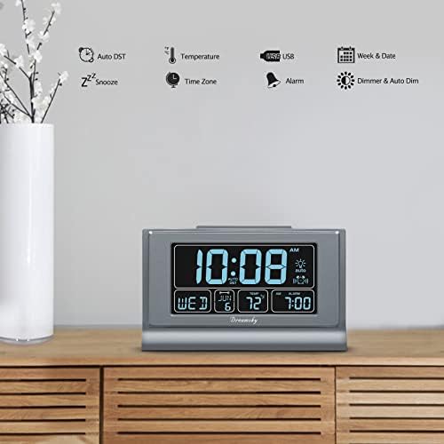 DreamSky Alarm Clocks for Bedrooms with Battery Backup, Auto Set | Digital Clock with Date & Day of Week, 5 Inch Large Display, Weekday, Temperature, USB Port, Auto DST, Brightness Dimmer
