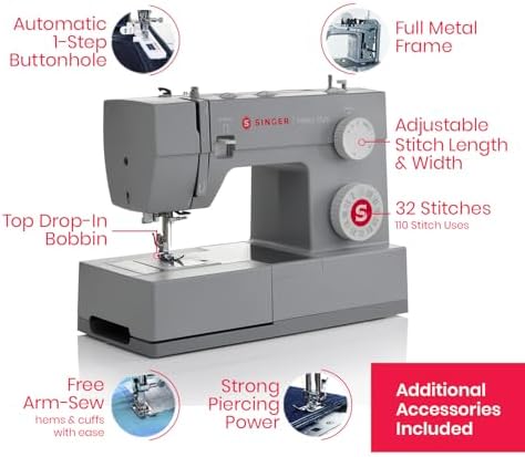 SINGER® 4432 (Grey) High Speed Heavy Duty Sewing Machine + Accessory Kit | 32 stitches deliver 110 applications, 50% more power for thick fabrics, 1100 per minute capacity, 1-step buttonhole design
