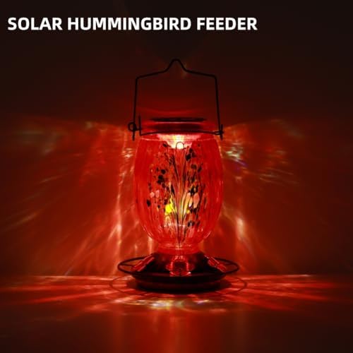 Solar Hummingbird Feeder for Outdoors Hanging Patio Designed 32 Ounces Colorful Hand Blown Glass Hummingbird Feeder 5 Feeding Ports with Perch Never