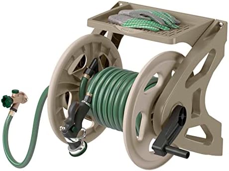Suncast Slide Trak Garden Hose Reel, Wall-Mount Holder with Storage Tray, Dark Taupe - Outdoor Mounted Organizer for 175 Ft of 5/8" Standard Vinyl Water Hoses in Lawn and Yard