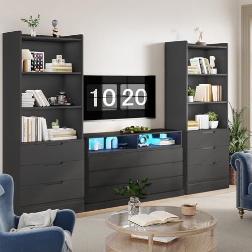 DICTAC 73.23'' Tall Storage Cabinet Bookcase with 3 Drawers and 3-Tier Open Shelves Wooden Bookshelf Kitchen Pantry Storage Organizer Cabinets for Living Room, Study, Kitchen,Bathroom,White