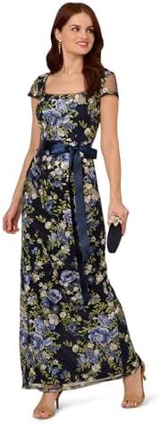 Adrianna Papell Cascading Floral Embroidered Long Column Gown