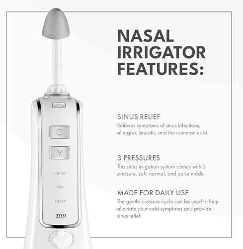 Nasal Irrigator with Bonus 30 Saline Packets - Irrigation for Sinus Relief - Nose Cleaner Aspirator System - Waterproof - 3 Pressures: Normal, Soft