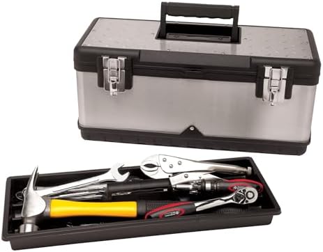 Performance Tool W54026 26 in. Steel Tool Box with Removable Tote | Heavy duty steel storage box and organizer. Recessed ergonomic comfort handle. Strong double latch with padlock eyehole
