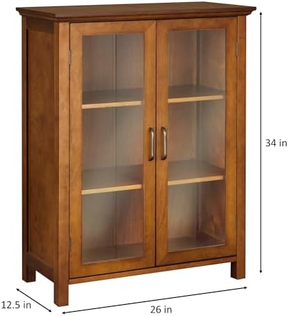 Teamson Home Avery Wooden Freestanding Floor Cabinet with 2 Adjustable Shelves 3 Storage Spaces 2 Glass Paneled Doors and 2 Antique Brass Knobs