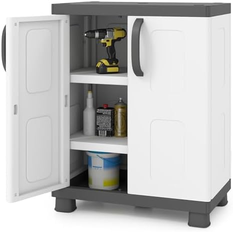 GIANTEX Storage Cabinet with 2 Doors and Adjustable Shelves, Modern Plastic Base Garage Organizer, Floor Sideboard for Kitchen, Dining Room, Bathroom (Wide-29"x19"x37",White+Brown)