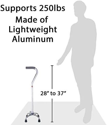 Carex Quad Cane with Small Base - Quad Walking Cane with Offset Cane Handle and Adjustable Height - 4 Tip Cane for Stability, Grey/Silver