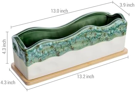 MyGift Beige Green Ceramic Glazed Rectangular Succulent Planter Pot
