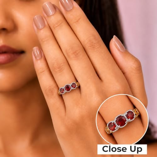 3 Stone Garnet Ring Silver with 14K Gold Plating January Birthstone Ring