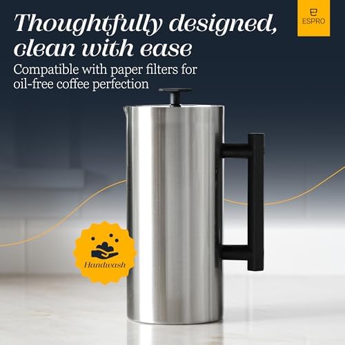 ESPRO P6 32 Ounces French Press Coffee Maker, Double Walled Stainless Steel Insulated, Brushed Stainless Steel
