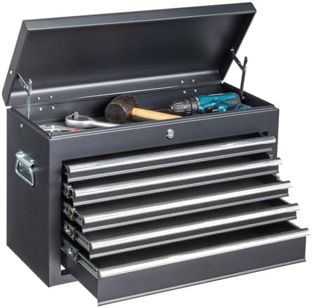 24" Metal Portable Tool Box with 5 Drawers, Lockable, Red | ToolBox with Top Storage Tray, Carry Handle, Ball Bearing Runners, Tool Chest Cabinet for Garage, Warehouse, Repair Shop
