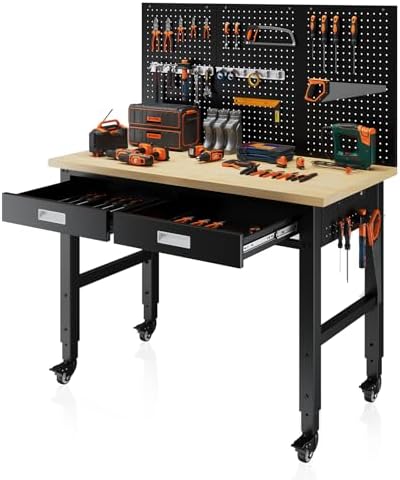 RexTact 48" Heavy Duty Workbench with Power Outlets, Pegboard & Storage Drawers, 2000 LBS Capacity Rolling Work Table with Wheels