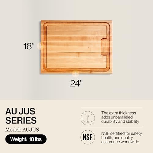 John Boos Aujus Series Rectangular Wooden Maple Cutting Board 20”x15” – 1.5” Thick, 12-lb Reversible Butcher Block with Sloped Juice Groove, Edge-Grain & Finger Grips – Made in the USA