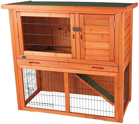 TRIXIE natura Outdoor Rabbit Hutch with Run - 2-Story Rabbit Cage with Non-Slip Ramp - Medium Elevated Small Animal House with Secure Playpen, Hinged Roof & Pull-Out Tray - in Brown