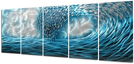 Yihui Arts Handcrafted 3D Metal Wall Art - Ocean Wave Sculpture, 5 - Panel Aluminum Decor for Living Room, Bedroom & Office