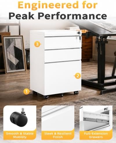 3 Drawer Mobile File Cabinet with Lock, Under Desk Metal Filing Cabinet for Letter/Legal/A4 Size, Fully Assembled Except Casters, Rolling Office Organizer for Home Office, Black