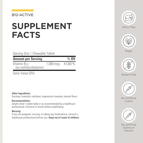 Integrative Therapeutics B12-Active - Supplement for Nerve Function Support* - Dairy, Soy & Gluten-Free - Cherry Flavored, 30 Chewable Tablets (30 Servings)