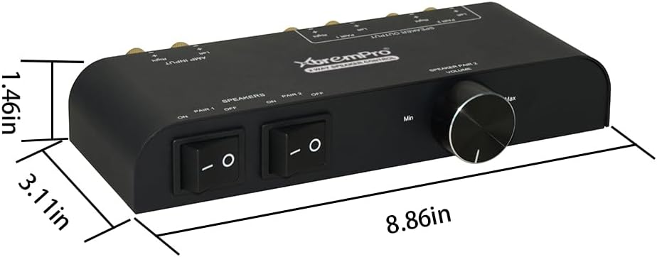 2 Way Speaker Switch, 1 in 2 Out Way Pair Stereo Speaker Selector W/Volume Control Metal Non-Slip Box - Black (61052), 9.0 x 3.25 x 1.5