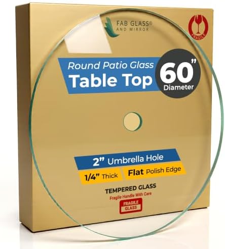 Round Clear Tempered Glass Table Top 60 Inch with 1/4 Inch Thick Flat Polished Edge w/ 2" Hole