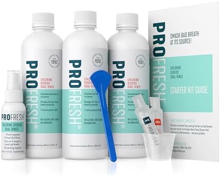 ProFresh Fresh Breath System Starter Kit, Oral Rinse 16.9 Ounce Bottle (Pack of 3) with Prep Packs & Tongue Cleaner, Alcohol Free, Flavor Free