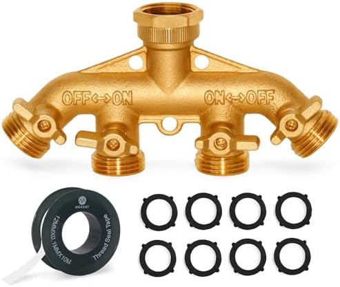 Brass Heavy-Duty Garden Hose Water Splitter | LEAD-FREE 2-Way Y Splitter for Water Spigot & Faucet | Manifold Connector ON/OFF Valves w/Improved Comfort Grip, 3 Extra Washers & Teflon Tape