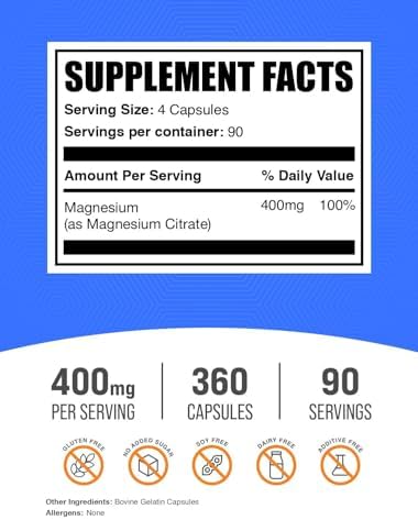 BulkSupplements.com Magnesium Citrate Capsules - Magnesium Supplement, Magnesium Citrate 400mg - Gluten Free, 4 Capsules per Serving