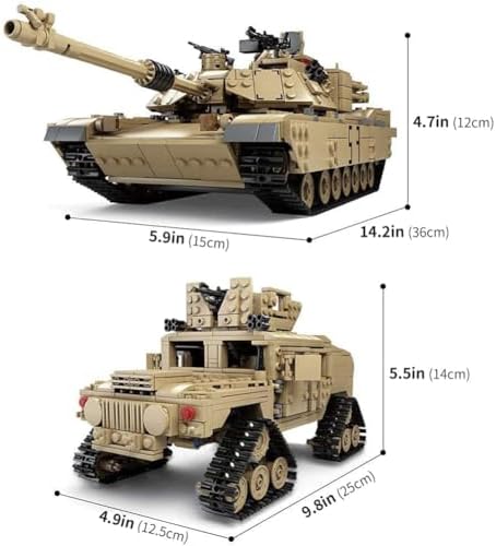 M1A2 Abrams Tank Building Set 1:28 Scale Military Model Kit 2-in-1 Vehicle | Armored Vehicle with Ruin Buildings Soldier Figures Army Blocks Toy Set