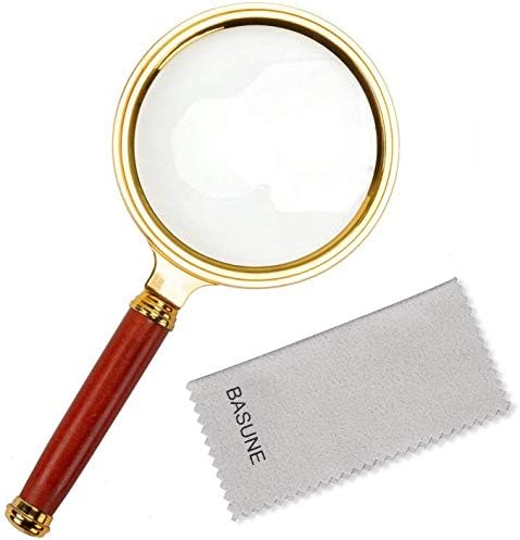BASUNE 10X Handheld Magnifier, Reading Magnifier Loupe Glasses 10X with Rosewood Handle for Book and Newspaper Reading, Insect and Hobby Observation