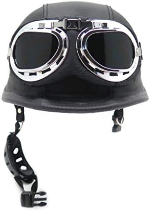 MT506-002-XL- DOT German Black Leather Motorcycle Half Face Helmet Biker Pilot Goggles XL