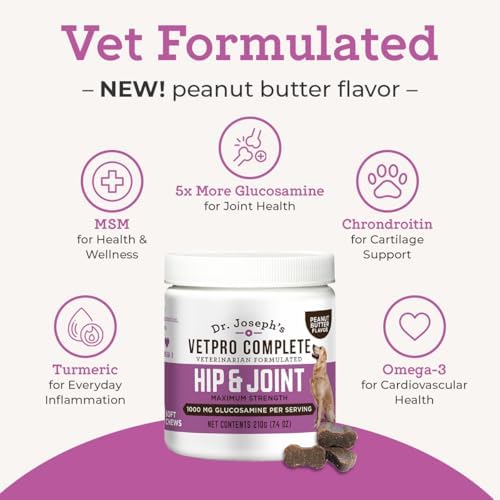 Dr. Joseph's VetPro Complete Dog Hip & Joint Wellness Supplement – High-Strength Glucosamine, MSM, Omega & Chondroitin Chews and Breeds – Vet Formulated Chicken Dog Treat - 120 Count