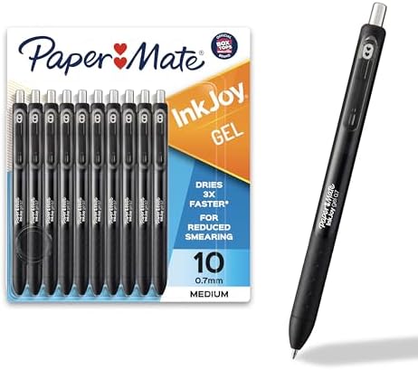 Paper Mate InkJoy Gel Pens, Black, Medium Point (0.7mm), Comfort Grip, 10 Count - Fast Drying Ink, Smooth Writing, Office Supplies