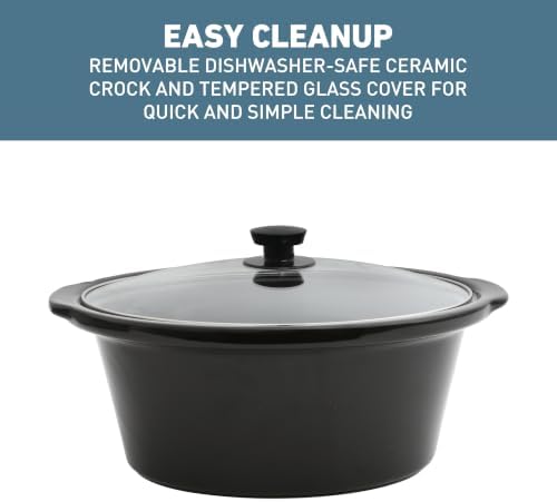 West Bend Slow Cooker 6-Quart Manual Crockery Style with Dishwasher Safe Oval Ceramic Crockpot and Glass Lid Two Temperature Settings Plus Keep Warm, 330-Watts, Black