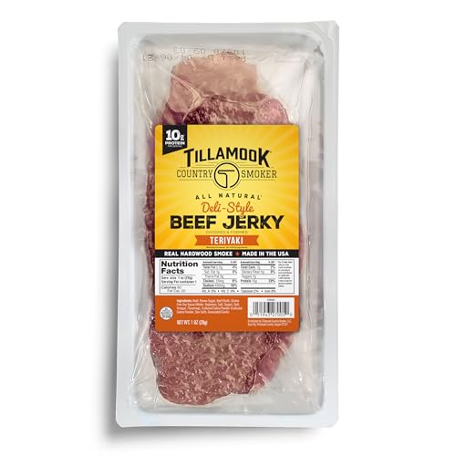 Tillamook Country Smoker Teriyaki Deli Style Thin Sliced Slab, Low Carb, High Protein, Ready to Eat Keto Snacks, Chopped & Formed Slabs,12 Count Tray