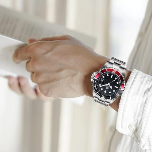 FANMIS Mens Luxury Watches Rotatable Bezel Sapphire Glass Luminous Hand Quartz Silver Tone Stainless Steel Watch