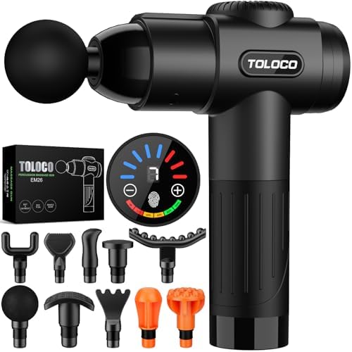 TOLOCO Massage Gun, Deep Tissue Back Massage for Athletes for Pain Relief, Percussion Massager with 10 Massages Heads & Silent Brushless Motor