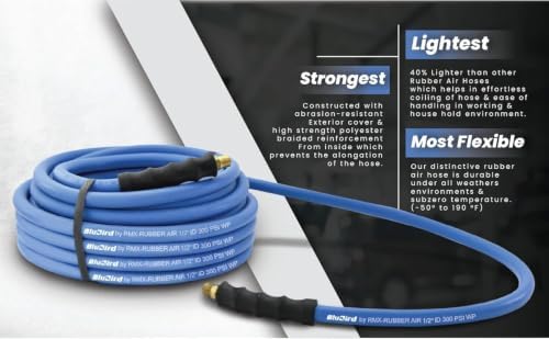 BLUBIRD BB1250 1/2" x 50' Rubber Air Hose, 100% Rubber, Lightest, Strongest, Most Flexible, 300 PSI, 50F to 190F Degrees, Ozone Resistant, High Strength Polyester Braided