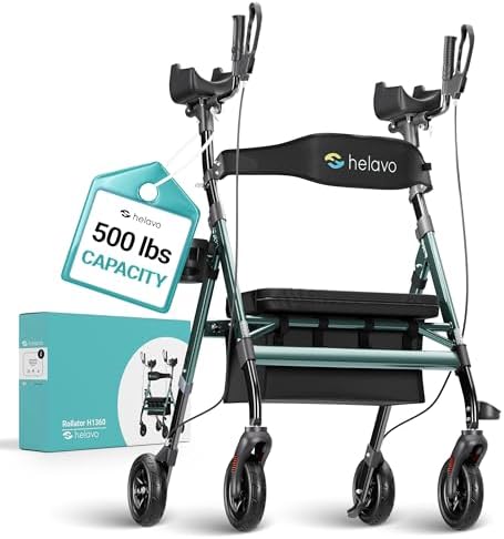 Helavo 28.3" Extra Wide Bariatric Upright Walker, 500 lbs Capacity | All Terrain Tall Standing Rollator, Padded Armrests, Height Adjustable
