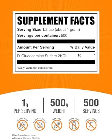 BulkSupplements.com Glucosamine Sulfate Powder - Glucosamine Supplement, Joint Support Supplement - Gluten Free, 1g per Serving, 1kg (2.2 lbs) (Pack of 1)