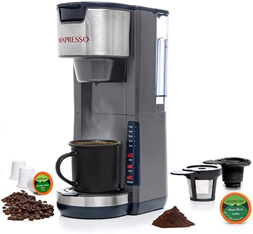 Mixpresso Black Single Serve Coffee Brewer K-Cup Pods Compatible & Ground, 30 oz Compact Coffee Maker Single Serve With 5 Brew Sizes Up To 14 Oz