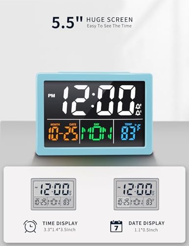JALL Digital Clock with Date Day for Seniors, Electric Alarm Clocks for Bedrooms with Temperature, 2 Alarms, Dimmer, Dual USB Charger, Battery Backup