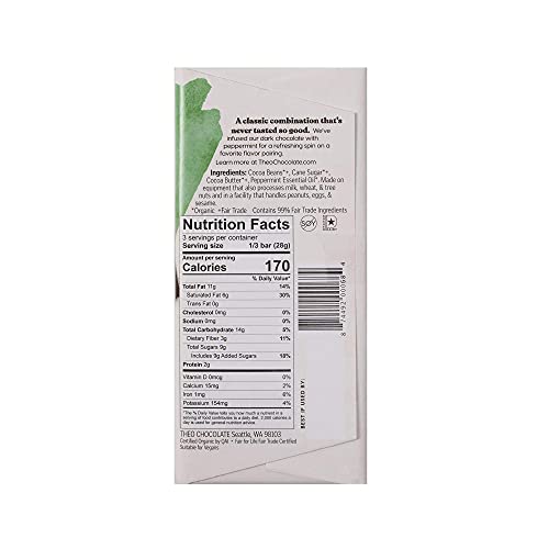 Theo Mint Organic Dark Chocolate Bar, 70% Cacao, 1 Bar | Vegan, Fair Trade